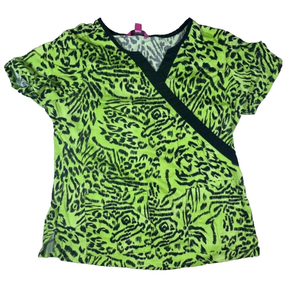 Beyond Scrubs Women's Scrub Shirt Size Large Green & Black Leopard & Tiger Print